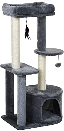 PawHut Árbol para Gatos 100 cm Torre de Gato con Postes para Rascar Cama Cueva Plataformas Bola y Pluma 48x35x100 cm Gris y Beige