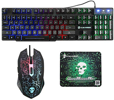 YONII T6 Clavier de Jeu Lumineux et Souris Tapis de Souris Combo Sensation mécanique Arc-en-Ciel LED rétro-éclairage caractère émettant des Souris USB compatibles