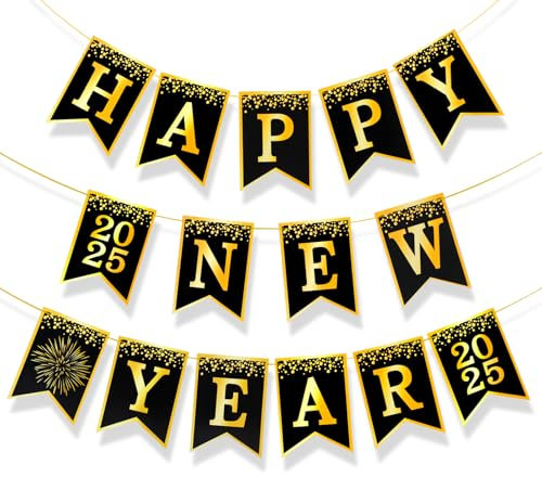 HOWAF Frohes Neues Jahr Banner für 2025 Neujahr Dekoration, Schwarz und Gold Banner Zeichen 2025 Silvester Party Dekorationen Zubehör, Glänzendes Gold gedruckt Neujahr Hängende Girlande Zeichen Deko