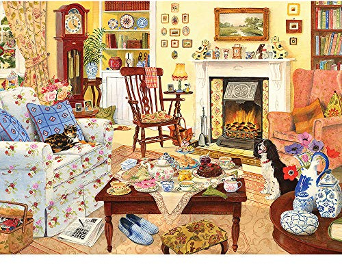 Bits and Pieces - 1000 Piece Jigsaw Puzzle for Adults 20 x 27 - Afternoon Tea - 1000 pc Table Fireplace Dog Cat Living Room Home Snack Time Jigsaw by Artist Tracy Hall