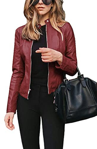 Onsoyours Giacca in Pelle Naturale Donna Giubbotto Biker Vintage Giubbino Moto Vera Pelle A Rosso L