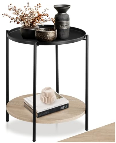 tectake® Beistelltisch rund, Nachttisch Metall und Holz, Couchtisch rund mit Stauraum auf 2 Ebenen, abnehmbares Tablett, Deko Schlafzimmer, Wohnzimmer Möbel - Industrial Holz hell, Eiche Sonoma