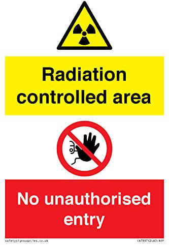 Schild mit Aufschrift Radiation controlled area No unauthorised enter, 100 x 150 mm, A6P
