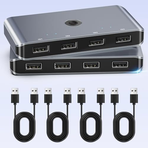 Switch KVM Alluminio Switch USB 2.0 Switcher USB 4 Computer Condividi 4 USB per Mouse/Tastiera/Scanner/Stampante/Hard Drive, Selettore Switch KVM USB Compatibile e 4 Cavi USB A-A con Windows/Mac/Linux