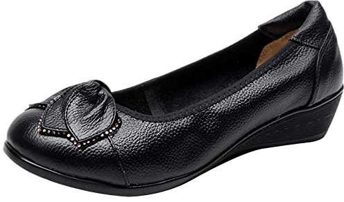 Jamron Women Genuine Leather Comfort Shoes Soft Sole Ballerinas Low Wedge Heel Slippers Black SN070358 UK5.5