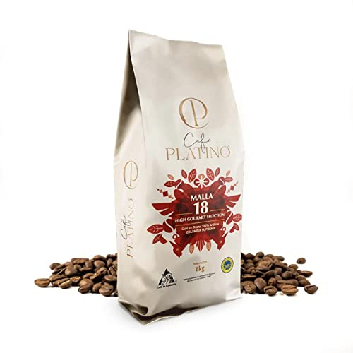 Café Platino - Café en Grano Colombia Supremo Tostado Malla 18-100% Arábica - Selección Gourmet Certificada por la Federación Nacional de Cafeteros de Colombia - 1 Kg