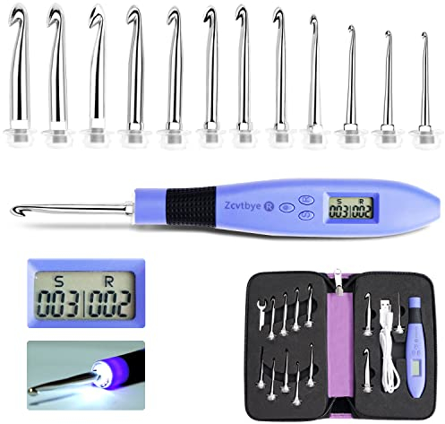 Zählen Häkelnadel Set Digital, Häkelset mit 12 Verschiedenen Größen Austauschbare Häkelnadel, Ergonomische Häkelnadeln mit LED und Digitalem Stichzähler zum Häkeln und Stricken