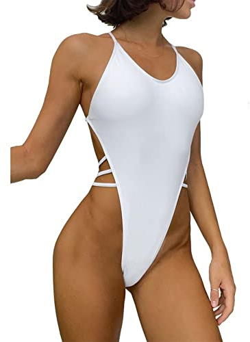 Faringoto Costume da bagno sexy da donna con perizoma, bianco, S