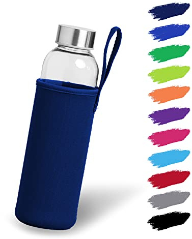 NOMA Botella de cristal de 0,5 l con funda de neopreno, botella de cristal en 500 ml y 1000 ml con funda protectora y tapa de acero inoxidable, botella de agua para deportes, oficina, escuela y