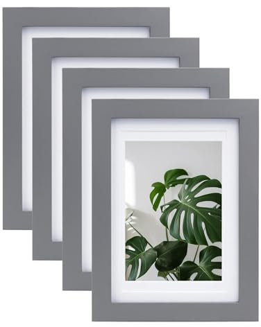 EGOFINE 7x5 Picture Frames Set of 4 - Made of Solid Wood Covered by Plexiglass Matted for 4x6 and 3.5x5 for Table Top Display and Wall Mounting Photo Frame Dark Gray