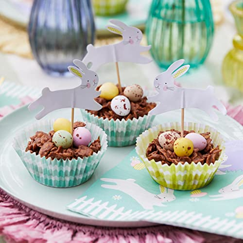 Easter Cupcake Cases for Baking & Bunny Rabbit Cake Toppers Decorations | 24x Green and Yellow Gingham Muffin Liners with Recipe| Activities for Kids