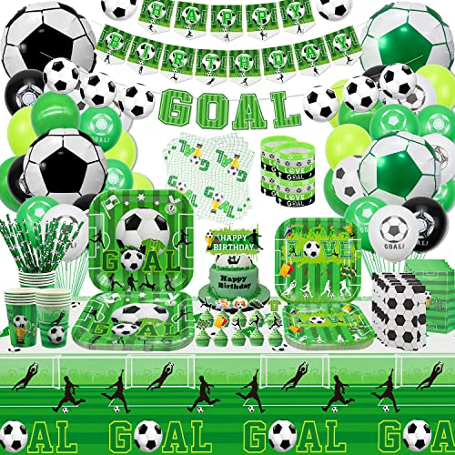 Fournitures de fête d'anniversaire de football - y compris sacs, bracelets en silicone de football, assiettes, tasses, serviettes de table, nappes, ballons, banderole - pour 20 personnes.