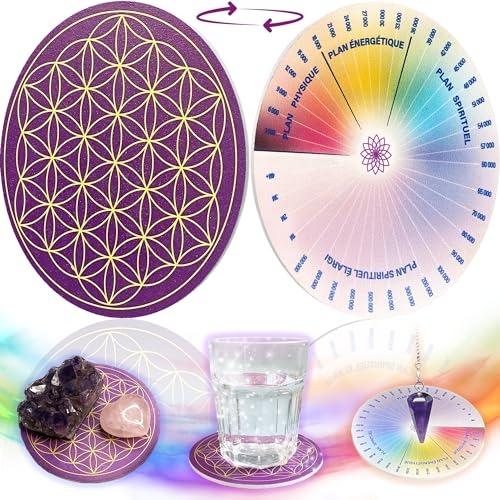 VIBRATIS Fleur de Vie pour Recharger Pierres et Pendules Divinatoires, Dynamiser l'Eau, Échelle de Bovis pour Taux Vibratoire, PVC ⌀11,5 cm, Fabriqué en France