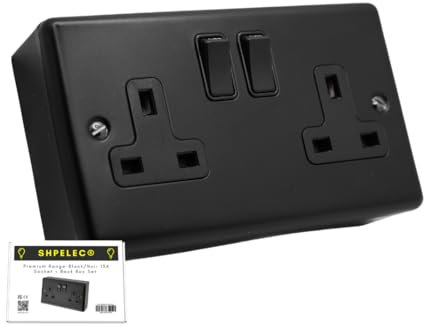13A 2 Gang Switched Socket & 29mm Surface Mount Back Box – Matt Black Metal Round Edge, Sleek Modern Plug Socket for Home or Office – Easy Install, Durable, Stylish Finish