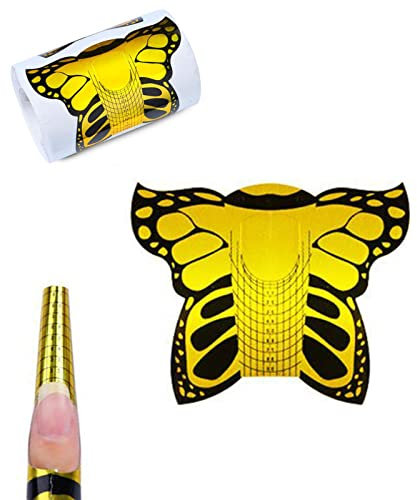 56 Stück Nagelschablonen, Nagelverlängerung Modellier-Schablone Selbstklebend, Nagelkunst Nagelform Schablone für DIY Nagel Gel Nagelspitzen (Goldener Schmetterling)