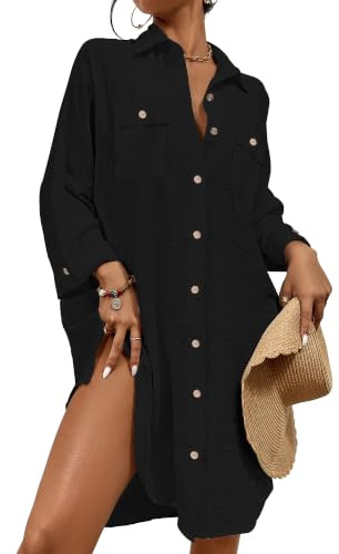 Bsubseach Sommer Strandkeid für Frauen Button Down Strand Shirt Kleid Badeanzug Cover Up V-Ausschnitt Strandponcho Bademode Resort Wear