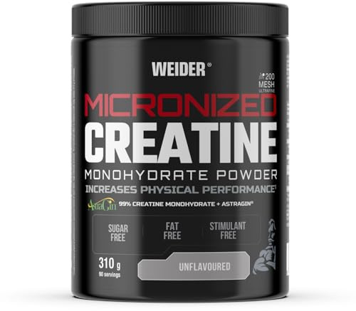 Weider Micronized Creatine Monohydrate Powder (310g) geschmacksneutral | 99% Kreatin Monohydrat 200 Mesh Ultrafein mit AstraGin, ohne Zucker, vegan, erhöht die körperliche Leistung (90 Portionen)