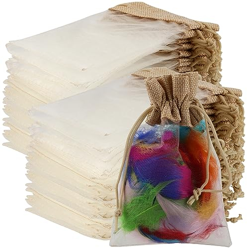 YIXNSW 50 Stück Organza mit Jutegewebe,10x15cm Organzabeutel mit Kordelzug Organzasäckchen Geschenksäckchen Organza Geeignet für Schmuck Süßwaren Weihnachten Hochzeiten