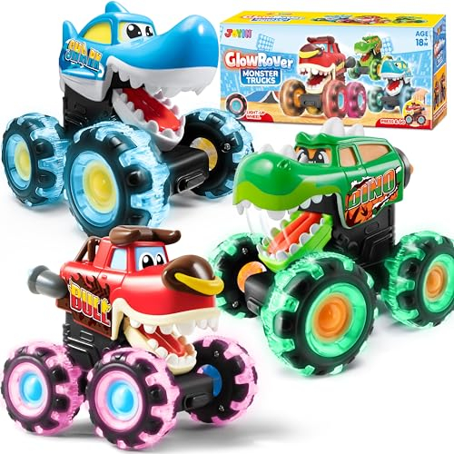JOYIN 3 Pack Monster Truck Toys for Boy Girl Age 1 2 3 4 5 6, Motion Activated Light-Up Cars, Monster Treads Lightning Wheels, Baby Gift- Pull Back Friction Toy Cars for Kids 1 2+ Year Old Boys