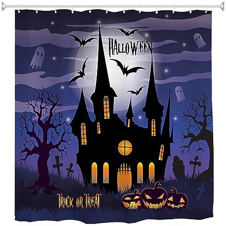 goodbath Rideau de douche Halloween, forêt, fantôme, chauve-souris, château, lune, arbre, araignée, toile d'araignée, thème d'horreur, rideau de bain imperméable, salle de bain, 180 x 180 cm, violet