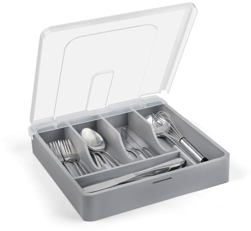 QINOL Bandeja de cubiertos de bambú con tapa, organizador de cajones de utensilios para encimera de cocina, organizadores de cubiertos de madera y soporte de almacenamiento, color gris bambú