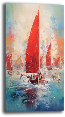 Quadro Moderno Soggiorno BARCA A VELA ROSSA MARE Quadri moderni da Parete Salone XXL grande Stampa su tela Canvas Decorazione Murale muro Arredo Camera da letto Cucina (50x100 cm, 2)
