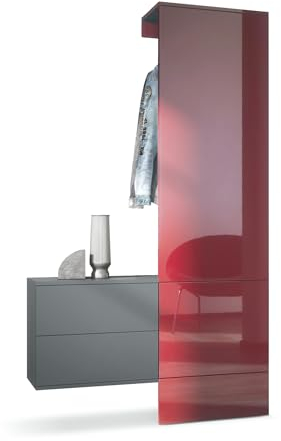 Vladon Garderobe Carlton Set 2, Made in Germany, Wandgarderobe aus Deko-Paneel & hängender Schubladen-Kommode, Anthrazit matt/Bordeaux Hochglanz (105 x 193 x 35 cm)