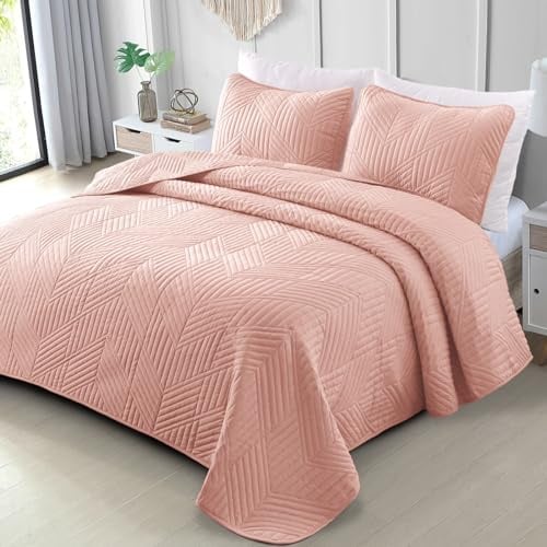 Exclusivo Mezcla Couvre-Lit Quilt Matelassé, 260x280 cm, Rose | Dessus de lit moderne géométrique, léger, doux, confortable en toutes saisons, 2 personnes (1 couette et 2 taies d'oreiller)