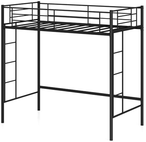 Multigot Metal Bunk Bed, 2 Ladders Single Loft Bed Frame with Safety Guardrail, Space-saving High Sleeper for Kids Teens Adults (Black)