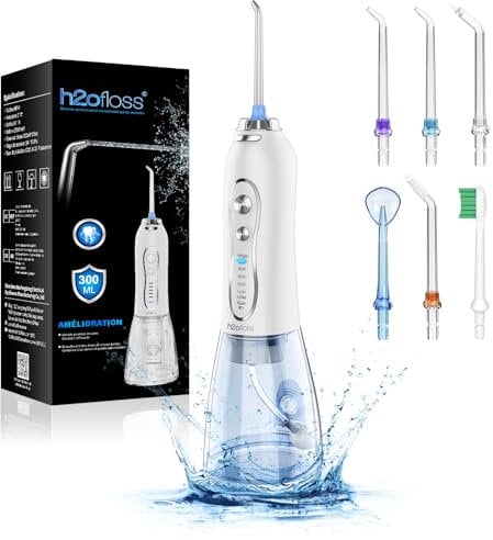 Idropulsore Dentale Portatile H2ofloss, Irrigatore Orale Senza Fili con 5 Modalità e 6 Ugelli, Ricaricabile Impermeabile IPX7, Idropulsore da 300ml per Casa e Viaggio