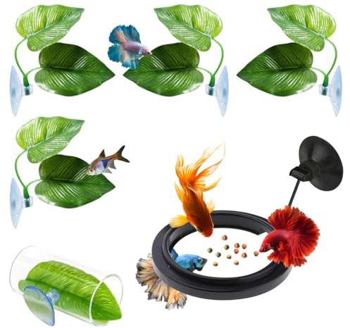 HyzaPhix 6 Stück Aquarium Dekoration, Betta Aquarium Zubehör, Betta Bett Blatt Hängematte, Fisch Futterring, Betta Fisch Tunnel Versteck Ornament für Aquarien (6 Stück)