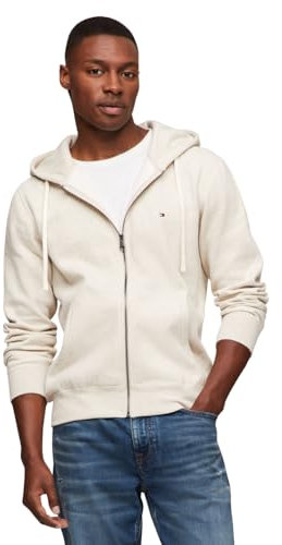 Tommy Hilfiger Herren Medium Weight Fleece Full Zip Up Hoodie Kapuzenpullover, Heathered Oatmilk