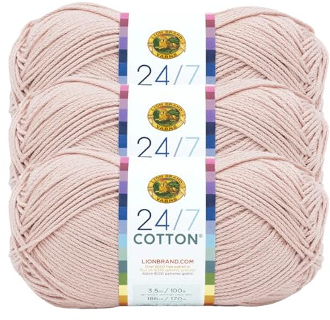 Lion Brand Yarn, 24/7 Cotton Mercerized Lightweight Yarn for Knitting, Crochet, and Crafts, Beechnut, 3 Pack, 185 Yards of Natural Fiber for Breathable Tops, Durable Bags, and Easy-Care Dish Cloths
