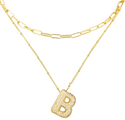 Mikovivi Collar con Letras de Burbujas, Cobre y Circonitas con Incrustaciones de Cobre Oro Collar con Inicial Moderno Collar en Capas Collar con Cadena Colgante Joyas para Regalos de Mujer(B)