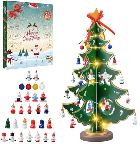 Dalugo Calendrier de l'Avent 2024, Calendrier de l'Avent avec compte à rebours de 24 Jours Arbre de Noël en Bois avec Lumières et 28 mini Ornements pour la Décoration de Table de Noël Cadeau de Fête