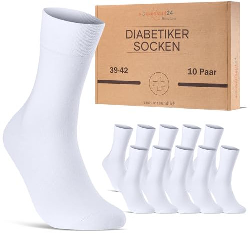 sockenkauf24 10 Paar Diabetikersocken für Herren & Damen ohne Gummibund & ohne Naht aus Baumwolle Diabetiker Socken mit Komfortbund ohne Gummi 70208T (Weiß 43-46) WP