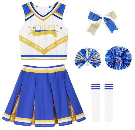 LOLANTA Cheerleader Kostüm Mädchen Blau mit Pompoms Socken, Karneval Faschingskostüm Cheerleader für Kinder, Cheerleader Outfit Mädchen(Blau, 5-6 Jahre, Tag 120)