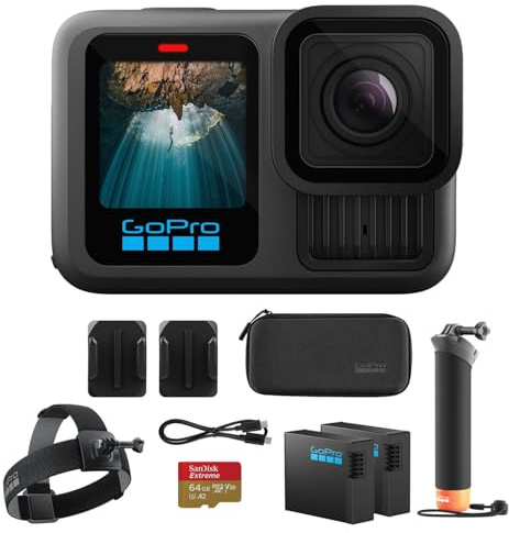 GoPro Hero13 Caméra d'action étanche 27 MP – Ensemble d'accessoires spéciaux | Vidéo Ultra HD 5.3K60 avec manipulateur, 2 batteries Enduro 1900 mAh, carte mémoire microSDXC Extreme 64 Go et sangle de