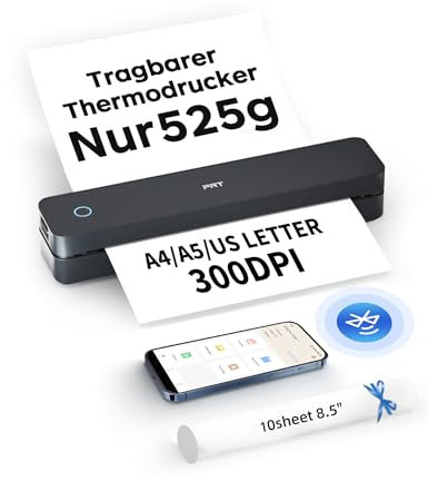 A4 Thermodrucker Mobiler Bluetooth Drucker (300 dpi), Tragbar für Lernen, Büro, Reise & Familie, Tintenlos (nur Thermopapier), Kompatibel mit iPhone, Android, Laptop