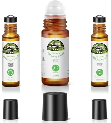 Leczhmyo Organic Castor Oil Roll on for Belly, Face, Body, Under Eyes– Certified Organic, Cold Pressed, Hexane Free, Unrefined – 3 Glass Bottle Pure Roller Ball Castor Oil to Moisturize Skin, Lips