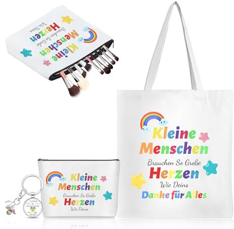 LIHIQIYA Abschiedsgeschenk für Erzieherin, Lehrerin Tasche Baumwolltasche Tote Bag mit Schlüsselanhänger Erzieher Abschied Einkaufstasche Kosmetiktasche Danke Geschenke für Kindergärtnerin Tagesmutter