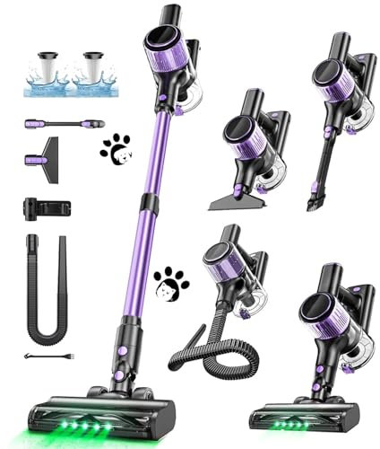 Cordless Vacuum Cleaner, 10 in 1 Stick Vacuum with Powerful Suction, Hose, Green LED Light, Anti-Tangle Brush, Lightweight Rechargeable Vacuum Cleaner for Home, Hardwood Floors, Carpets