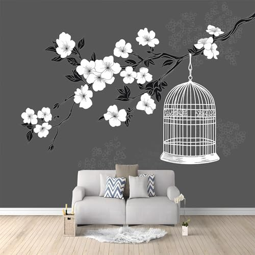 WHUOEUCO Papier Peint Panoramique Cage Oiseaux Fleurs Cerisier Grises Style Chinois 250x175 cm Murale Intissé Moderne, Papier Peint Personnalisé 3D, Décoration Murale pour Salon Chambre Salle Manger