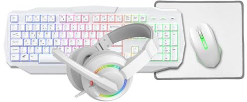 CiT Scorpion 4-in-1 Gaming Kit, Wired Keyboard (UK Layout) & Mouse with Headset and Mouse Pad, Rainbow LED Backlit, Multimedia Keys, 2400 DPI, Rainbow LED Gaming Bundle For Windows | White