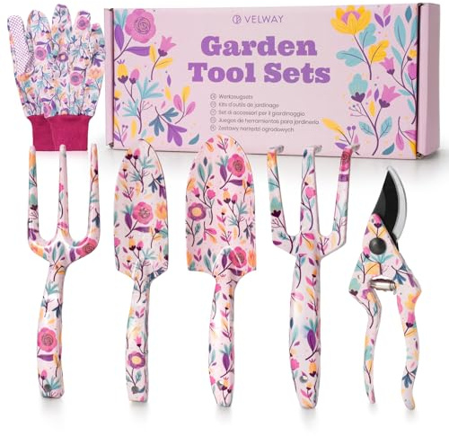Velway Gartenwerkzeug Set 7-TLG – Gartengeräte mit Blumenmuster & Geschenkbox, inkl. Handschuhe, Schaufel, Schere, ideales Gartengeschenk für Damen, Muttertag, Geburtstag, Weihnachten