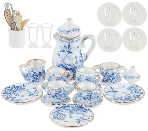 arricraft 39 Pcs 1:12 Scale Miniatures Dollhouse Kitchen Accessories, Include Mini Porcelain Tea Cup Set Egg Beaters Metal Pots and Pans Doll Plates Fork Spoon Beer Cup for Dollhouse Decoration
