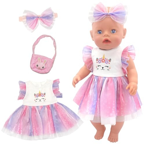 3 teilig Rosa Puppenkleidung Kompatibel mit 35-43 cm New Born Baby Puppen, Süß Puppen Kleider Enthält Katzen-Tutu-Rock Schleifen-Haarband Tasche für 14-18 Zoll Baby Puppe für Mädchen Geburtstag