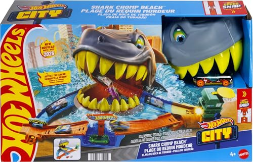 Hot Wheels Toy Car Track Set, City Shark Chomp Beach Playset with 1:64 Scale Die-Cast Vehicle. 2 Ways to Play, Knock Out the Shark or Get Eaten, JHL96