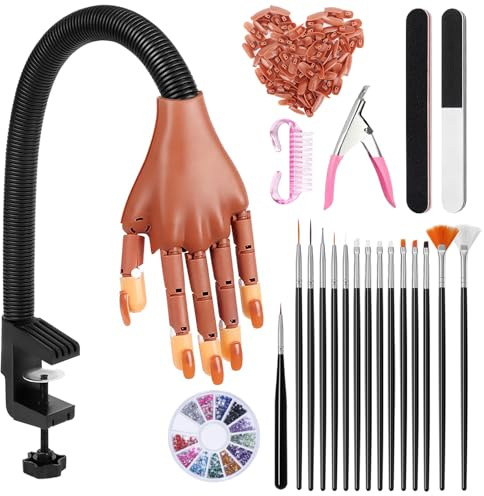 Deciniee Practice Hand for Acrylic Nails - Flexible Training Hand with 100 PCS Nail Tips/15 PCS Nail Art Brushes Set/Nail File - Professional Nail Art Hand Tools False Finger Nails - DIY Nail Manicure