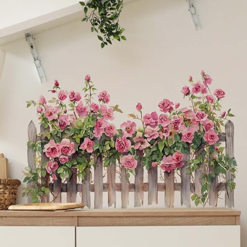 FUFUQUARE Rosen Rosa Wandtattoo Wandaufkleber Kletterrose Zaun Pflanzen Wandsticker Wanddeko für Schlafzimmer Wohnzimmer Kinderzimmer Sofa Hintergrund